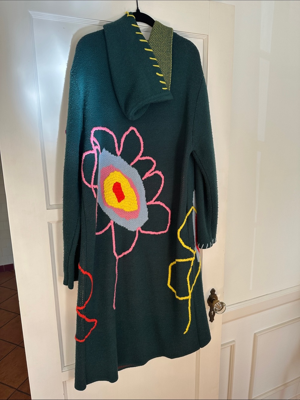 Mira Mikati Dark Green Hooded Women's Sweater Coat with Multicolor Flower Motif